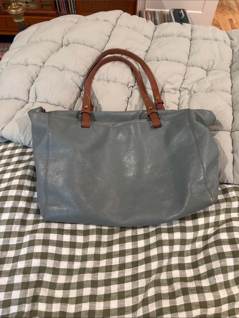 Fossil Classic Blue Leather Tote with Brown Handles